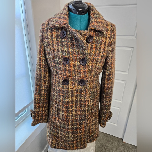 BKE BUCKLE WOOL BLEND BOULCE PEA COAT JACKET OUTERWEAR WOMEN SMALL BROWN TWEED - Picture 1 of 12
